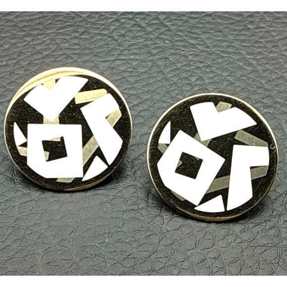 Avon Jewelry - Vintage Avon Clip On Earrings 1980s Abstract Geometric Gold Tone White‎ Enamel